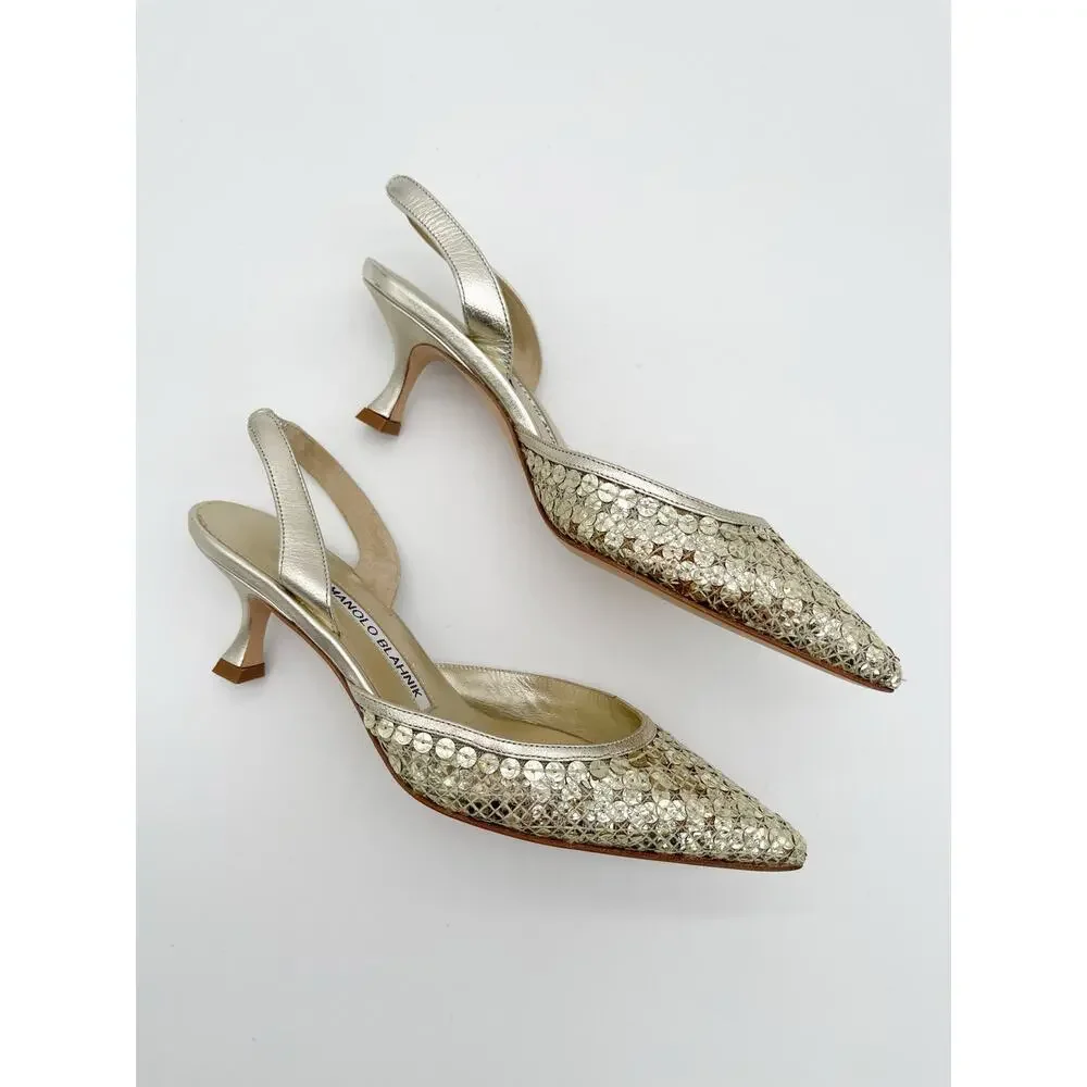 Manolo Blahnik Carolmour Gold Leather Sequin Pointed Toe Slingback Heels IT 35.5